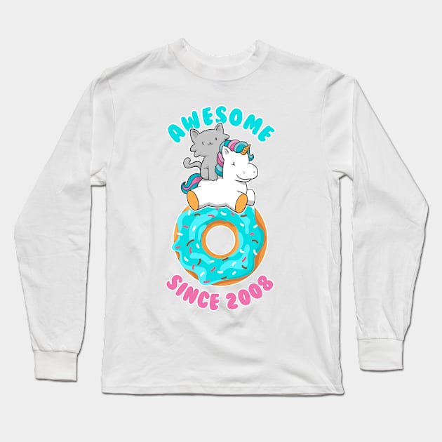 Donut Kitten Unicorn Awesome since 2008 Long Sleeve T-Shirt by cecatto1994
